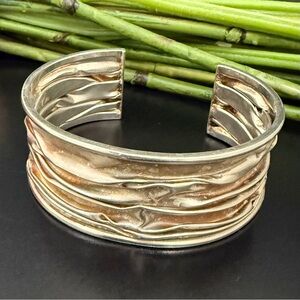Vintage 925 Sterling Silver Modernist Brutalist Wrinkled Rippled Cuff Bangle
